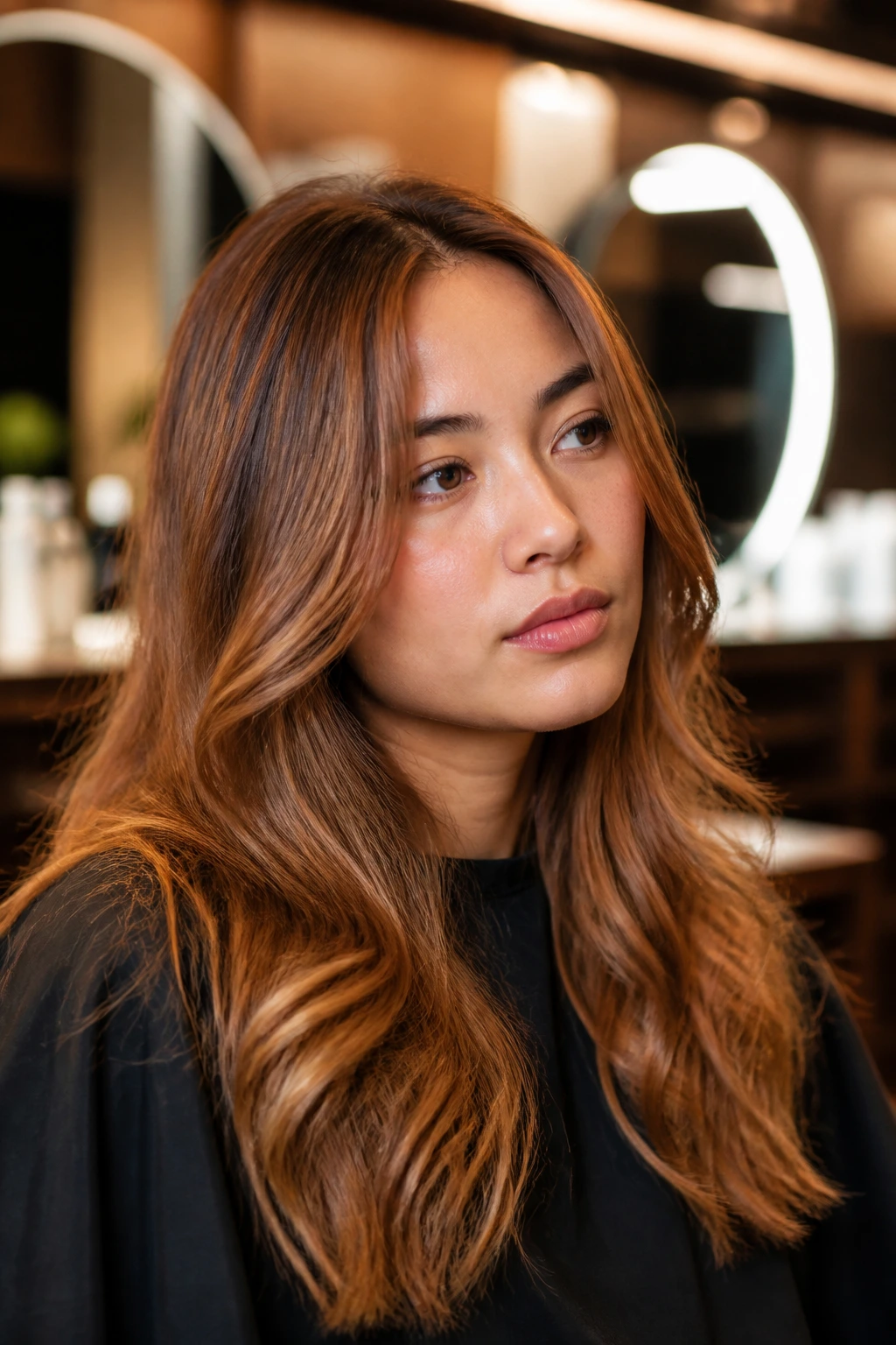 Thoughtful client with warm-toned hair in a salon chair