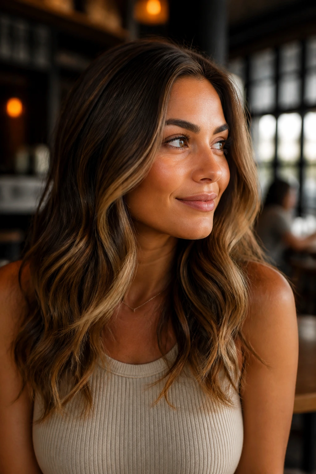 Portrait of a woman with golden skin and warm-toned blonde highlights