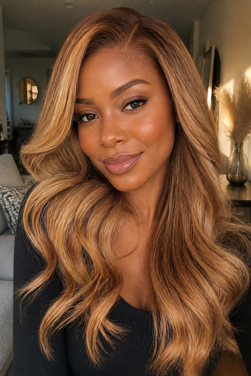 Close-up of warm-toned honey blonde on a real person with golden skin tone