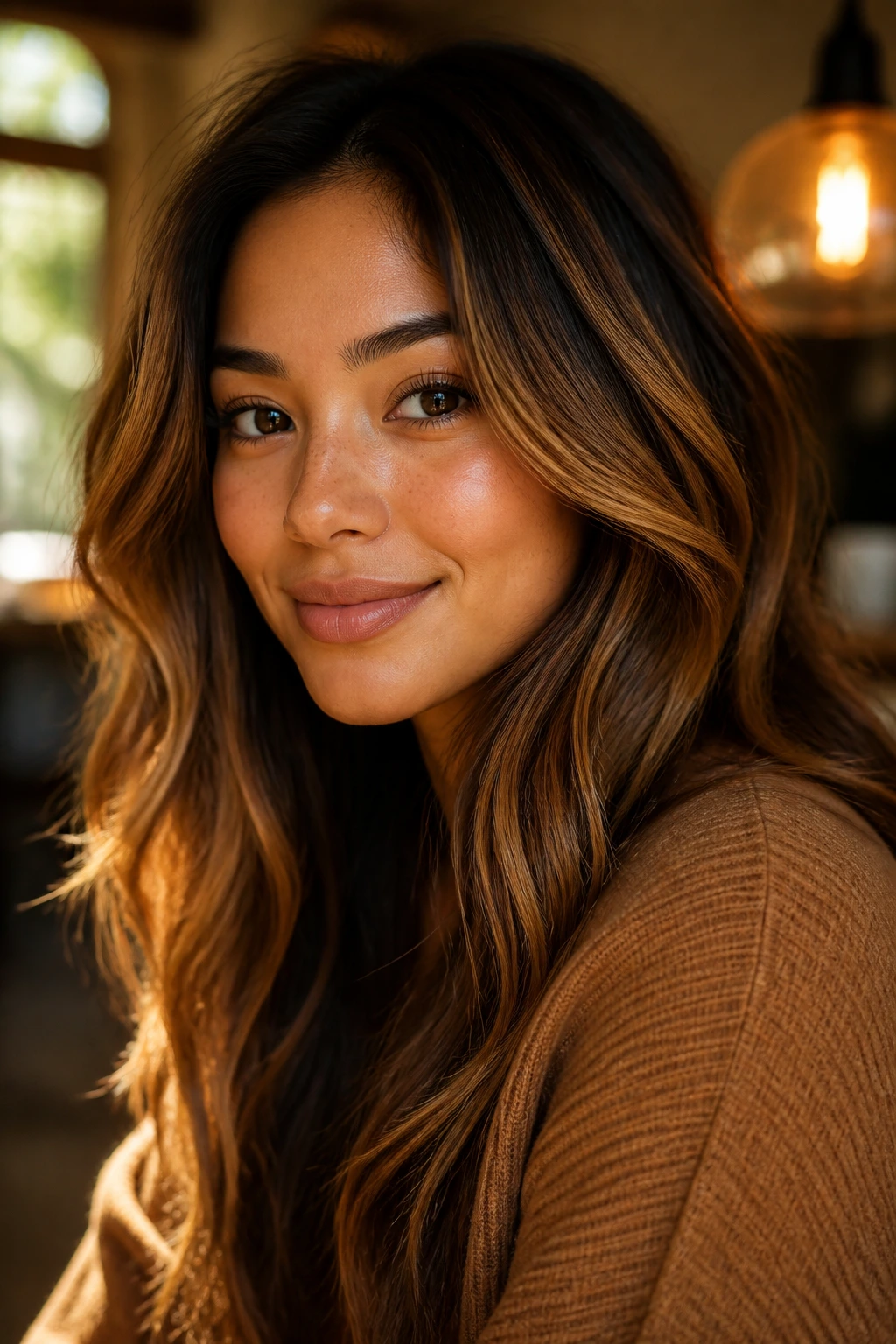 Real person with warm undertones and caramel brown hair in warm light