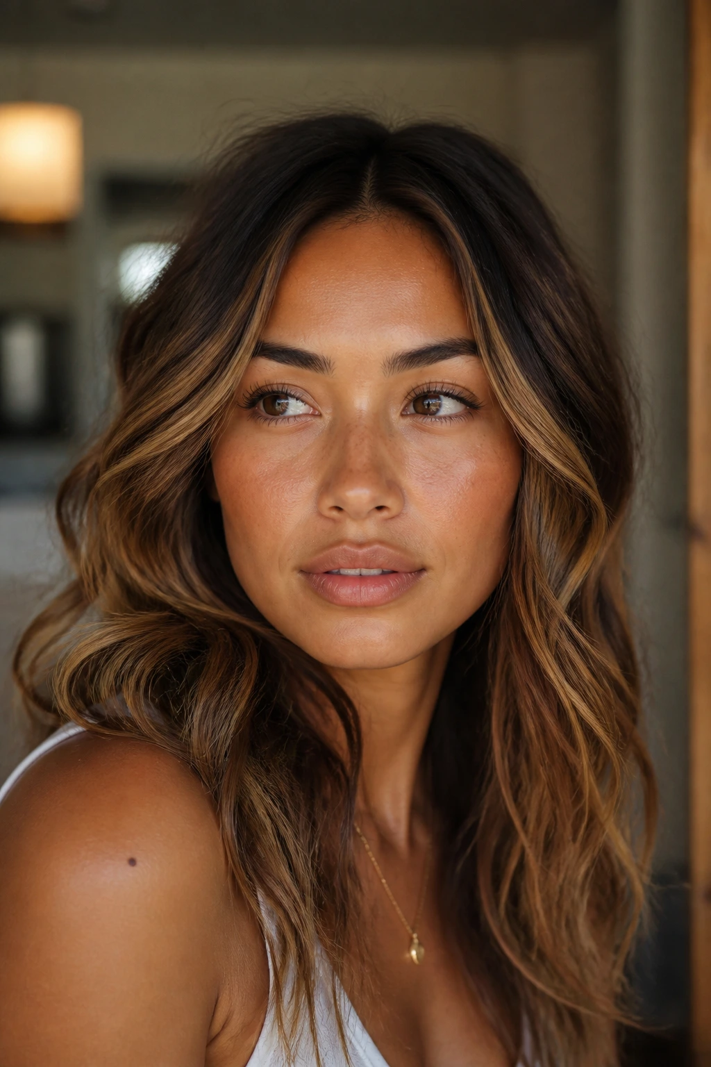 Close-up portrait highlighting warm undertones in the skin with golden glow