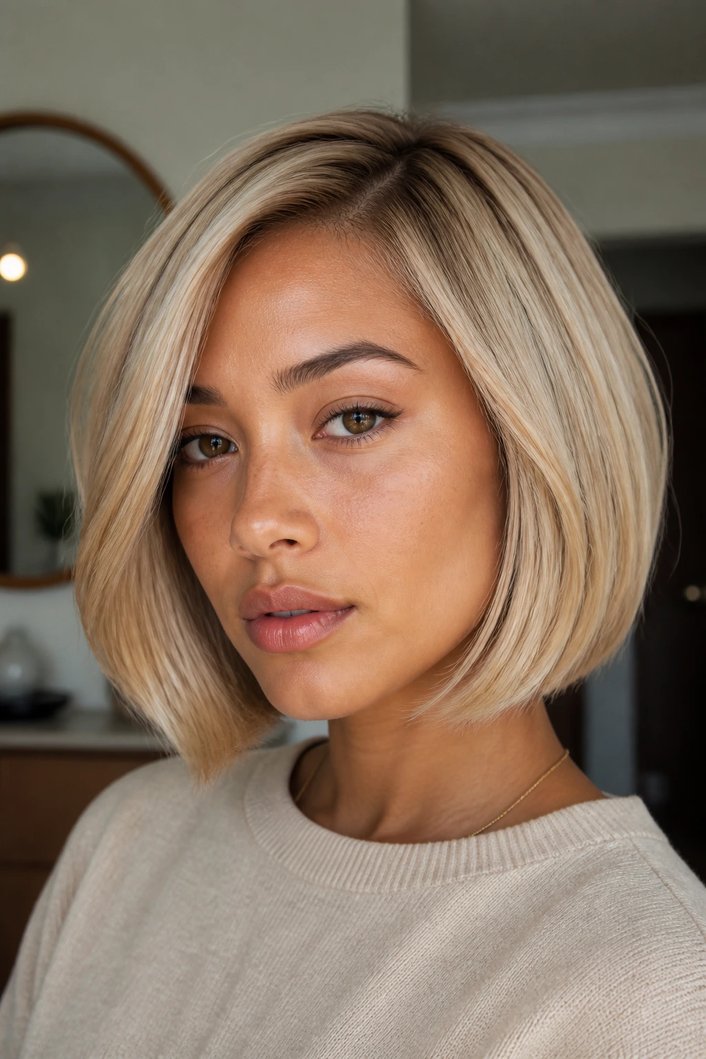 Close-up of a real person with a warm vanilla blonde bob in side part
