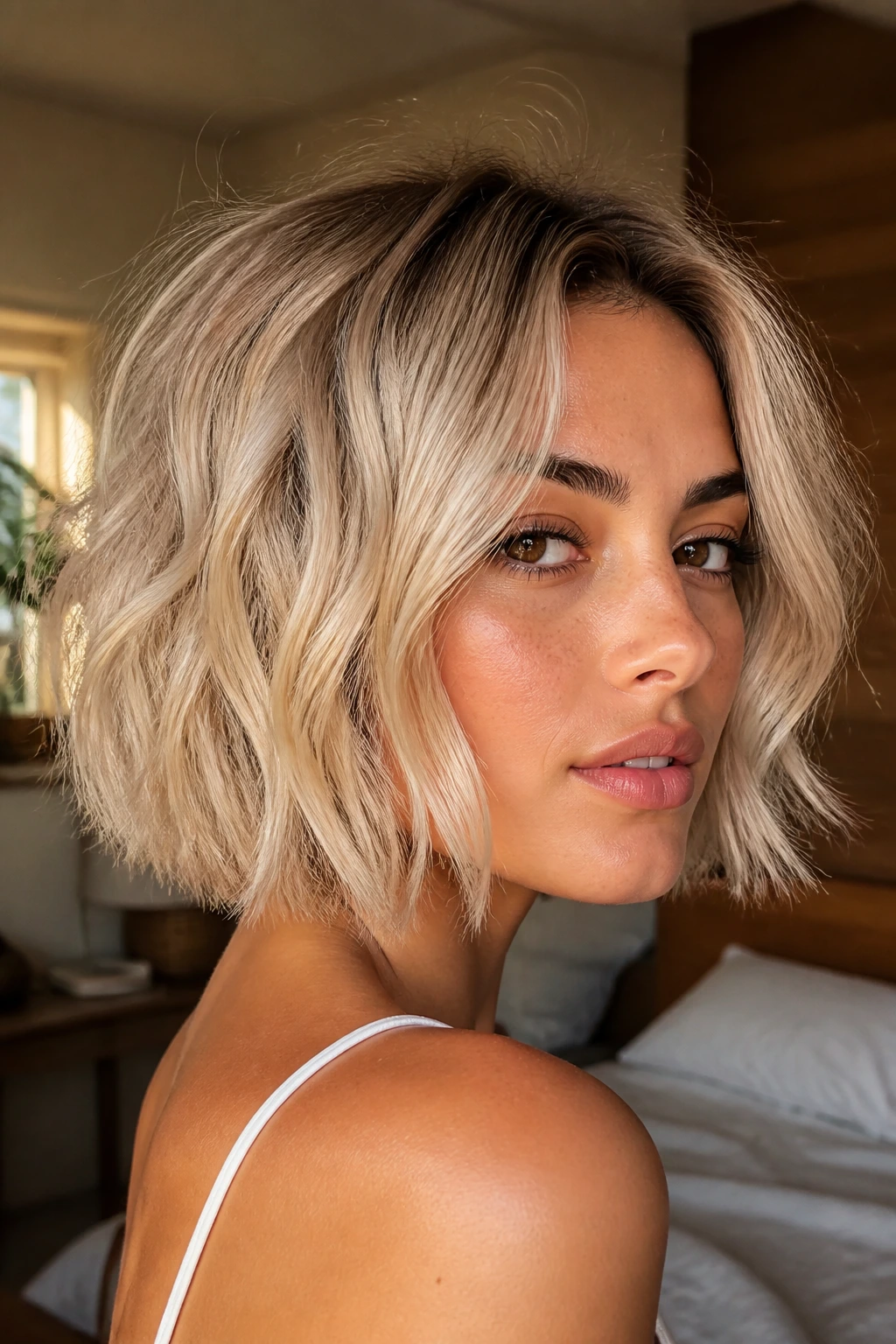 Close-up portrait of a real woman with warm vanilla textured bob on olive skin