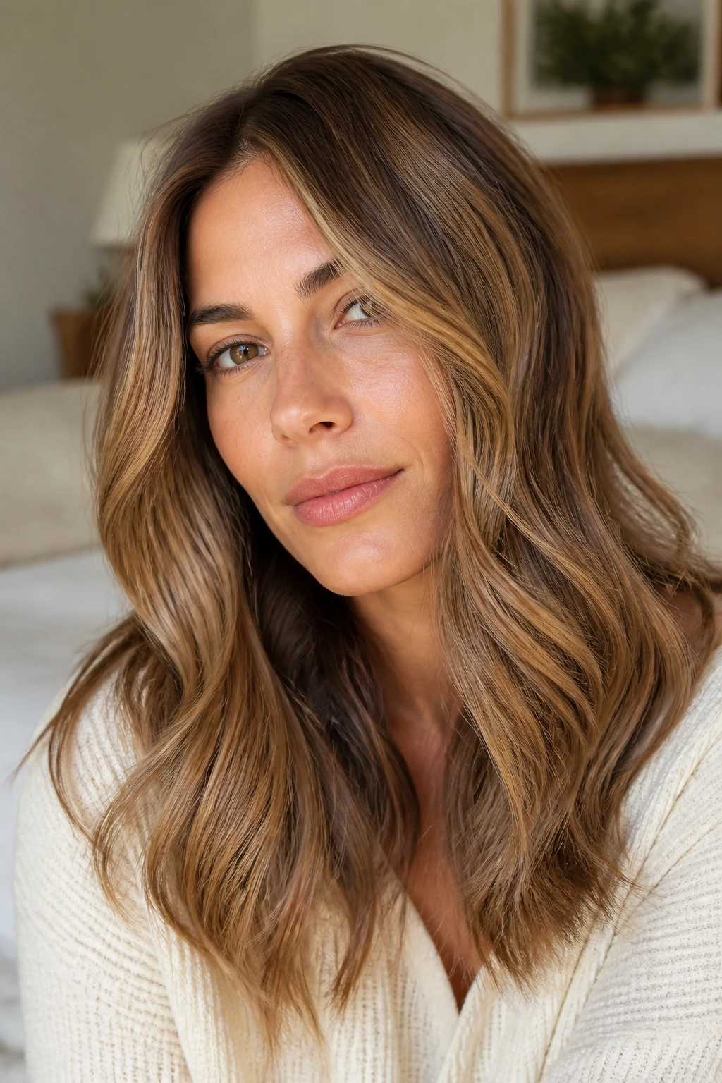 Brunette with warm vanilla honey highlights on medium brown hair.