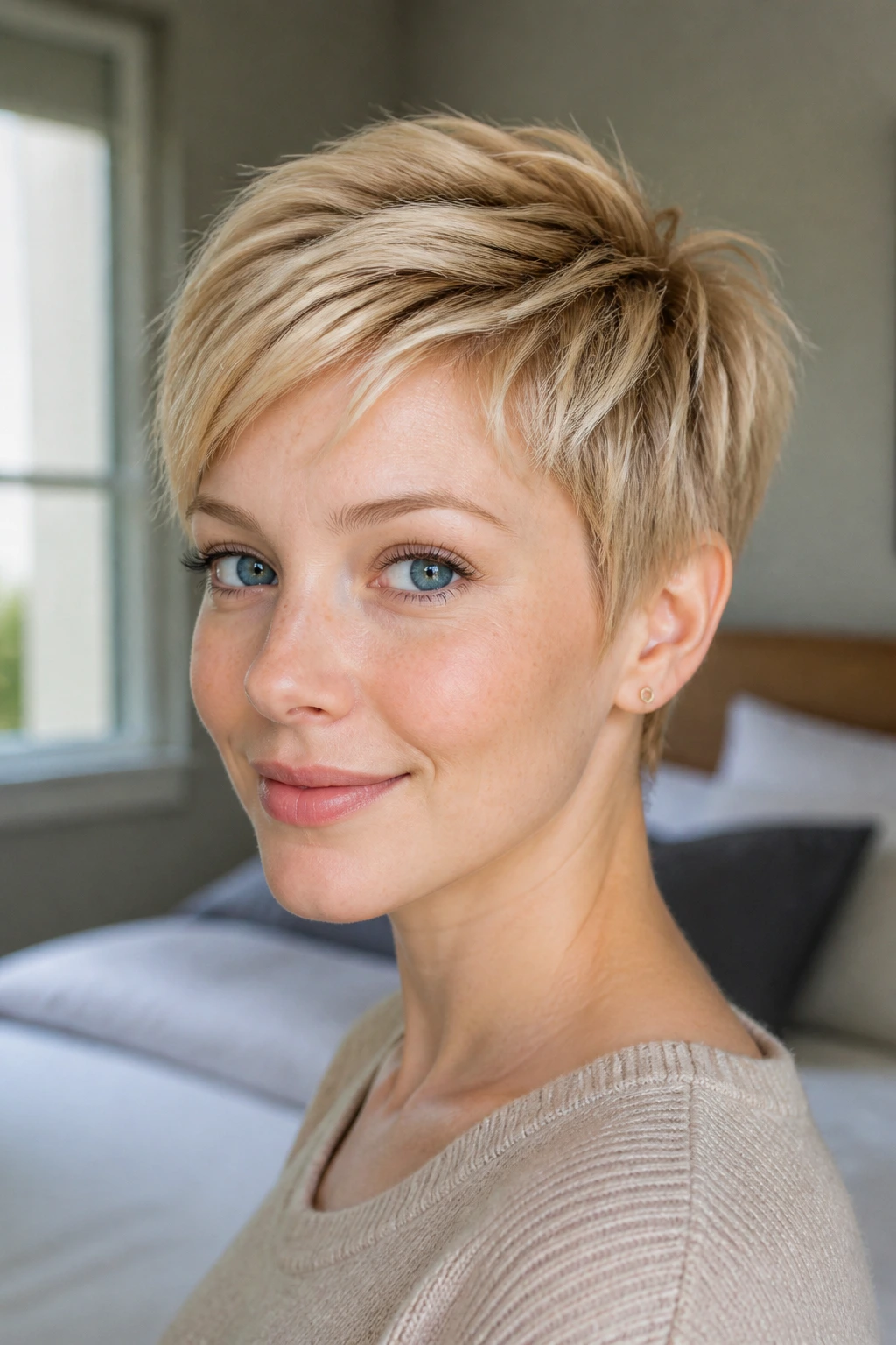 Close-up of a real woman with a warm vanilla pixie haircut.