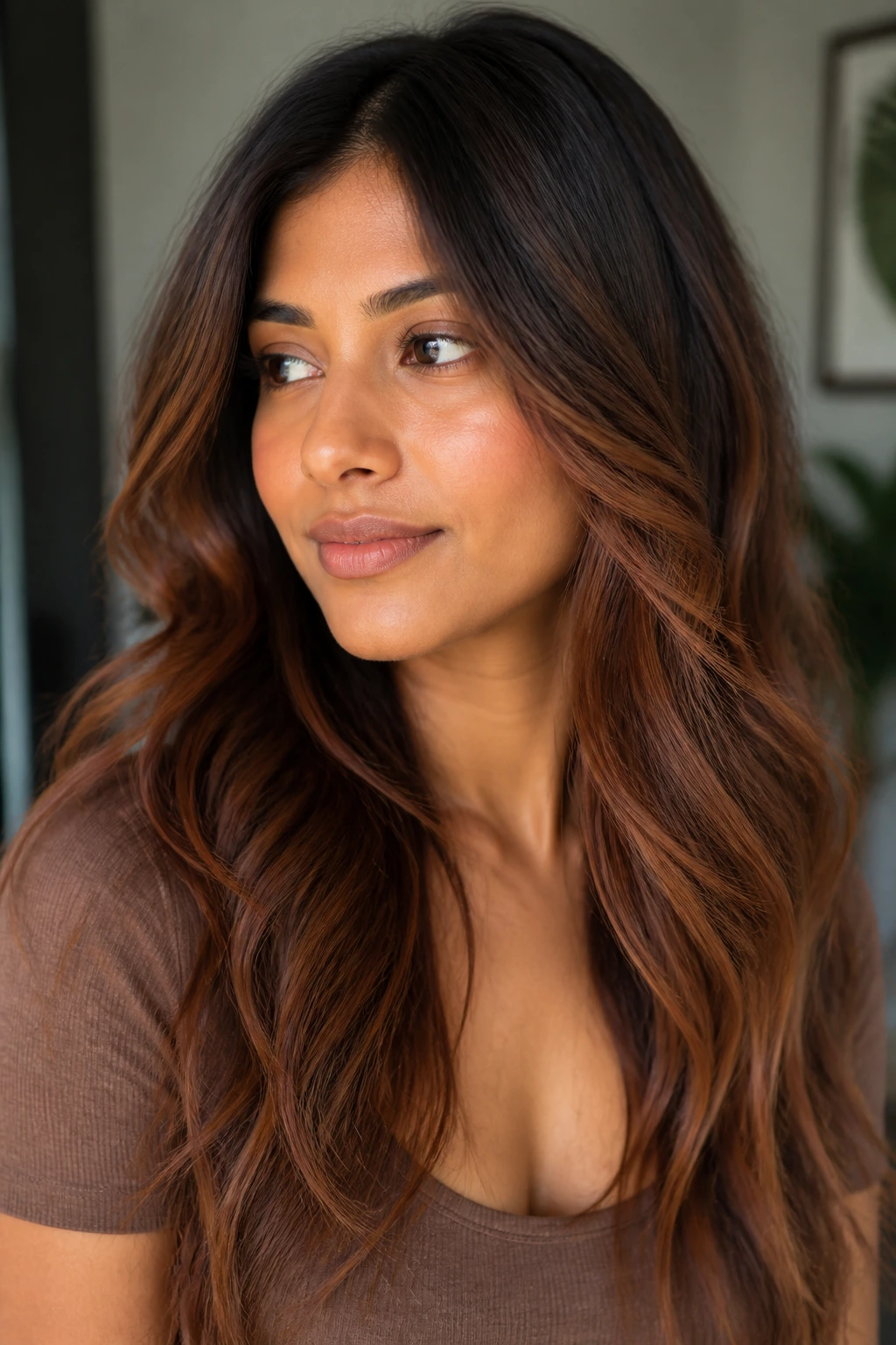 Close-up portrait with warm walnut auburn melt from root to mid-length