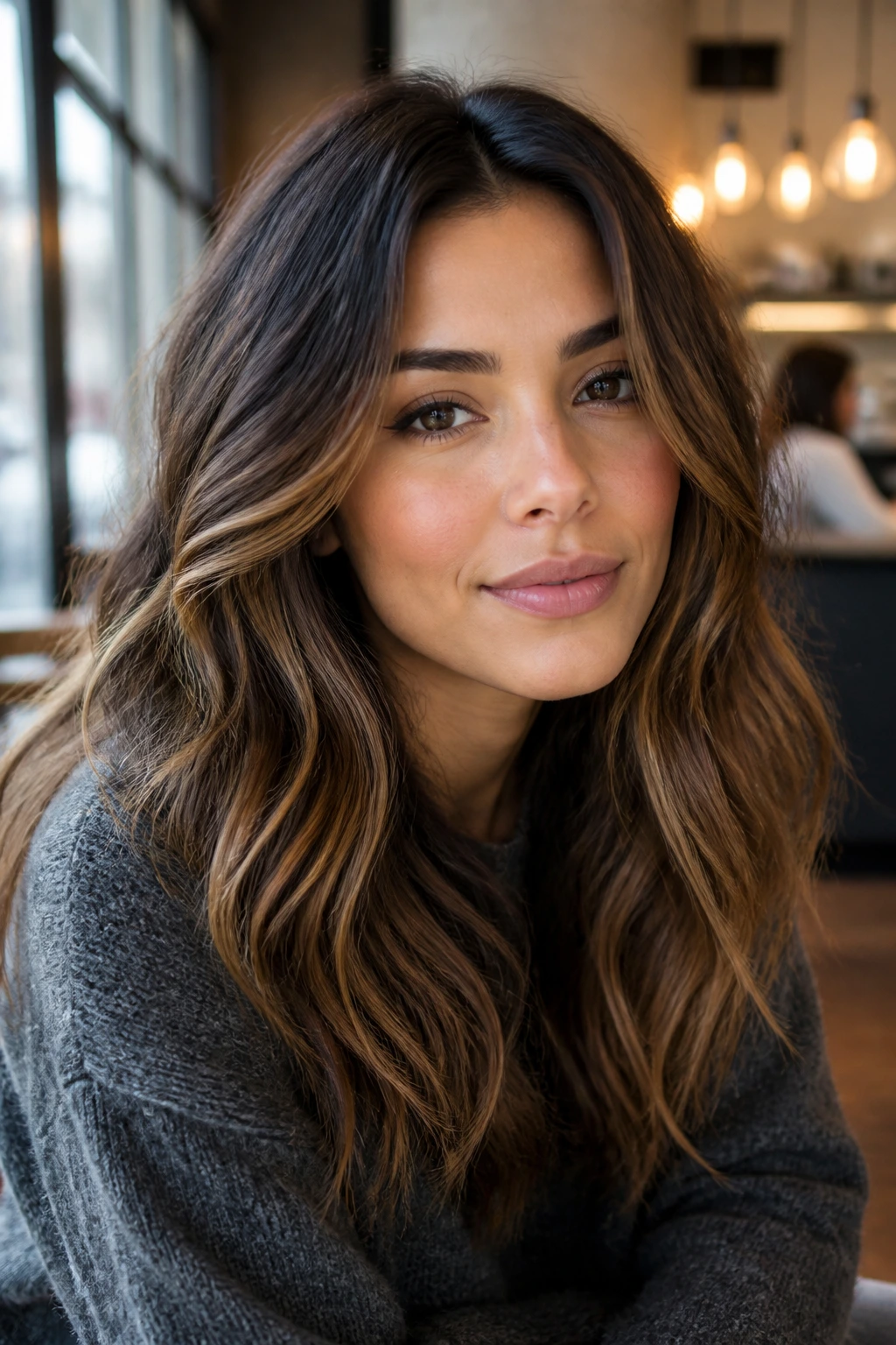Close-up of a real woman with Warm Walnut Balayage showing soft walnut tones