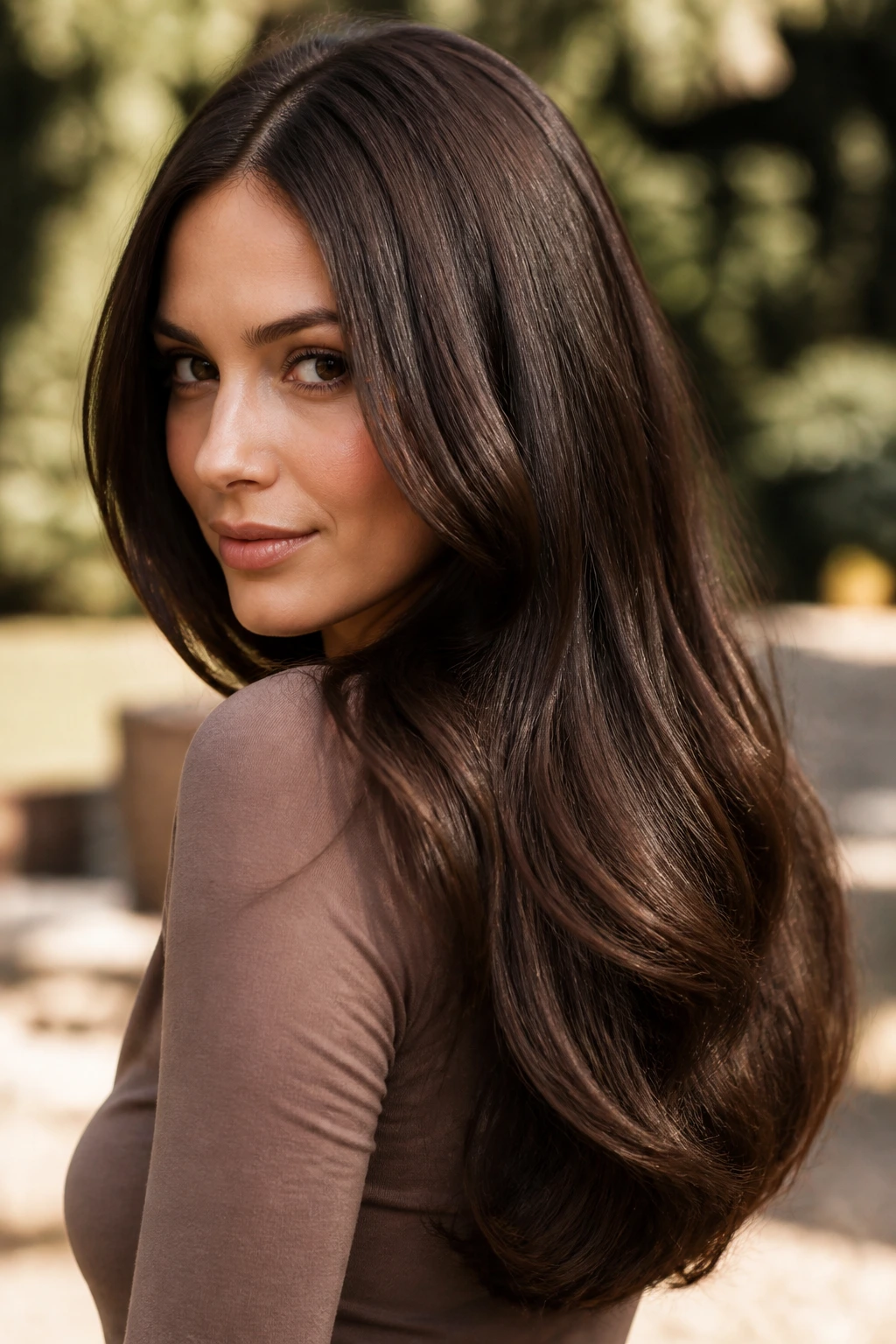Close-up of a real woman's hair in warm walnut one-color glossy brunette.