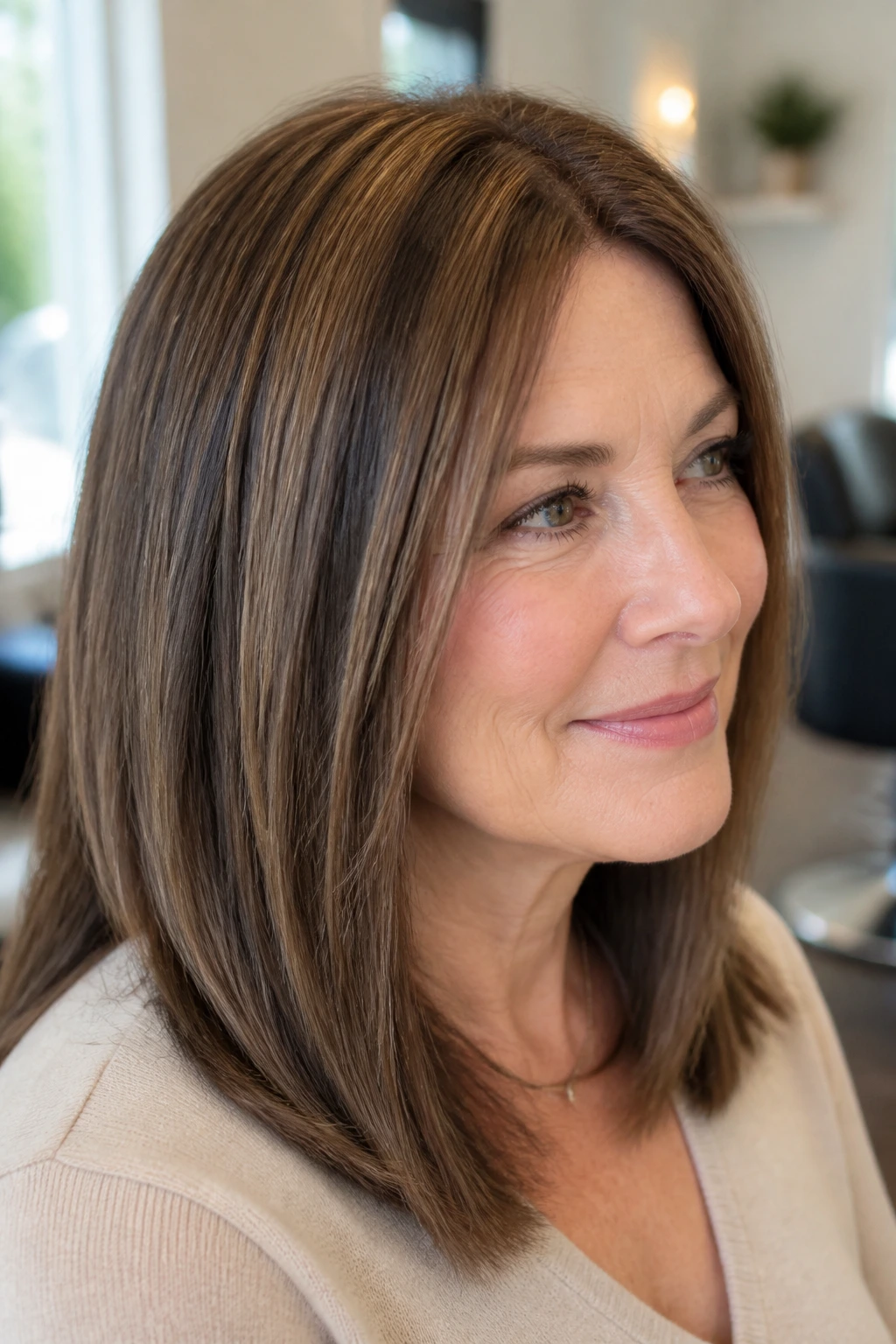 Close-up portrait of a real woman with warm walnut weave in straight hair.