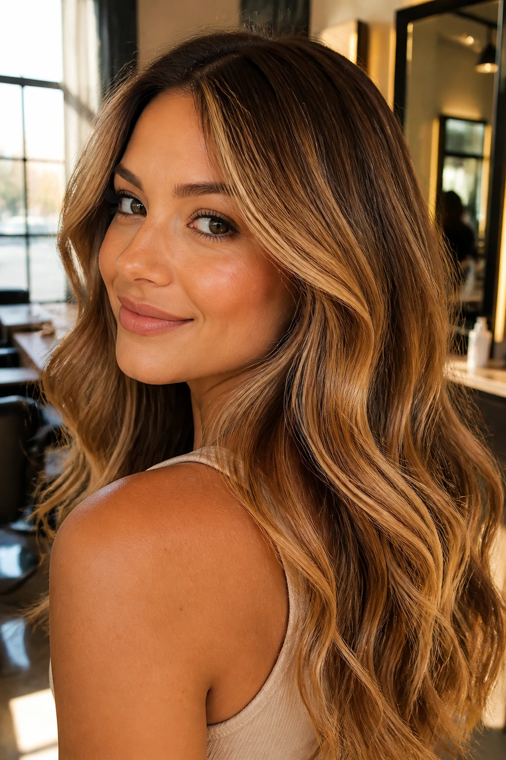 Close-up portrait of a real woman with warm-toned hair showing soft root shadow and sun-kissed ribbons