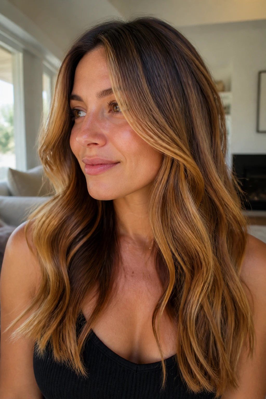 Medium close-up of grown-out warm hair with depth and natural shine