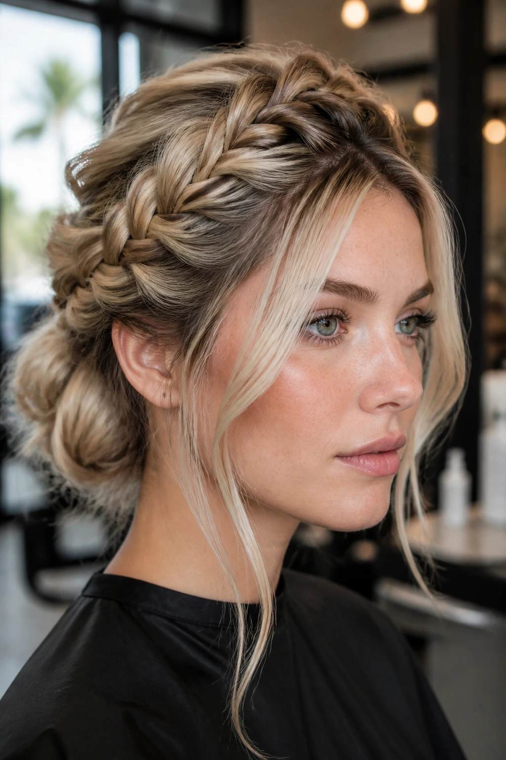 Close-up portrait of a real woman with warrior blonde hair showing defined braid in chic setting