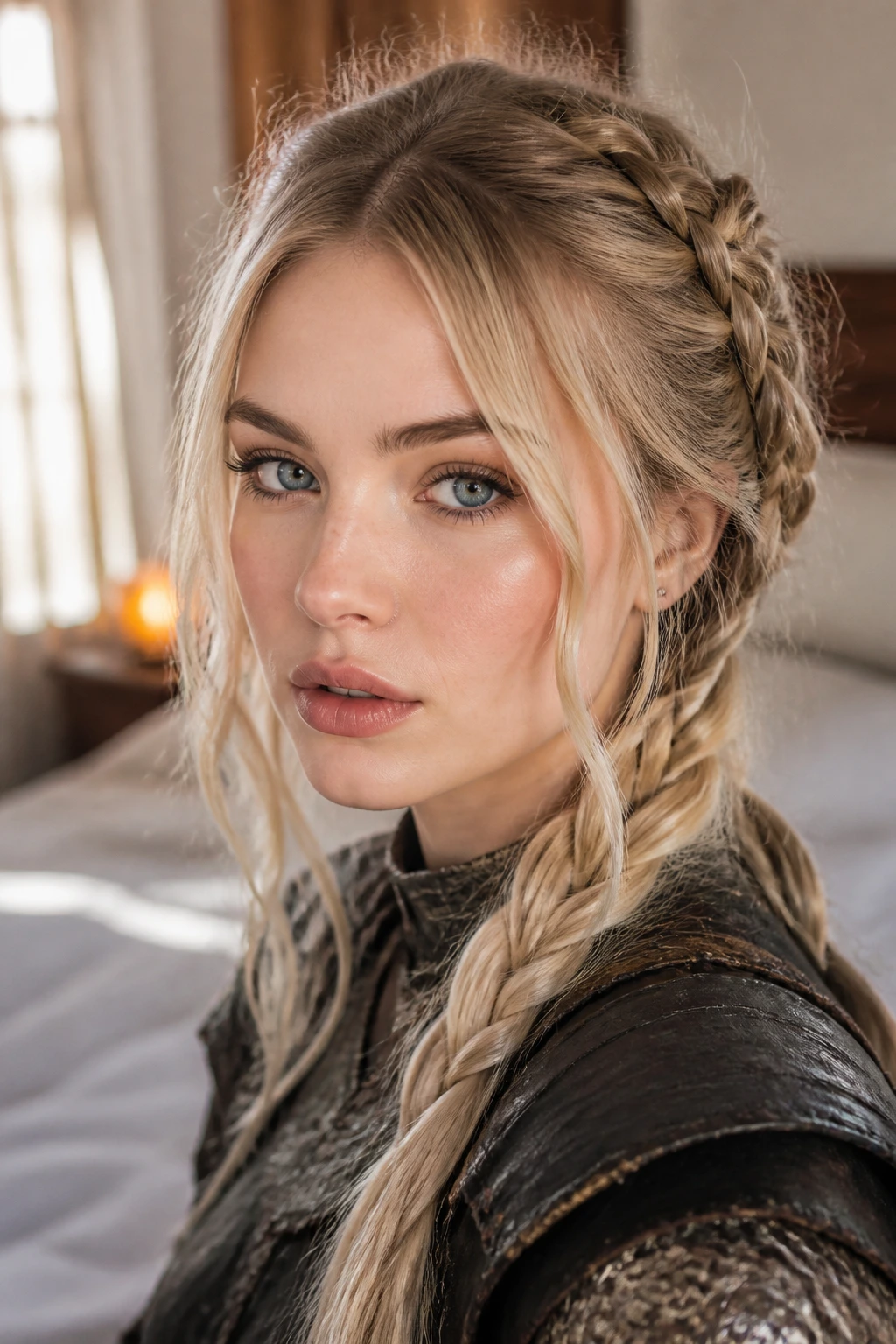 Close-up portrait of a real woman with warrior blonde hair showing root shadow and braids on fair skin
