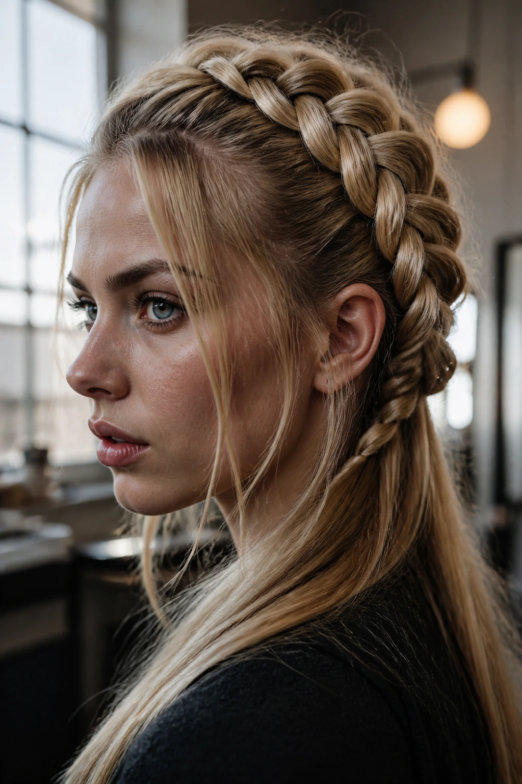 Close-up portrait of a real woman with a Dutch braid showing warrior-shaped blonde hair.