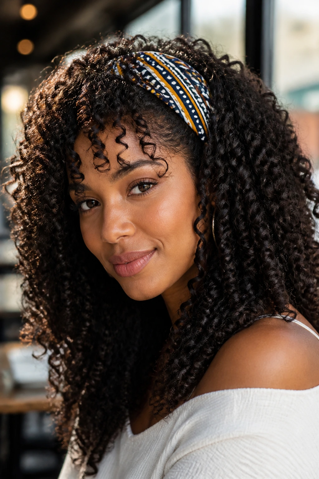 Close-up of a woman with defined curls and a bold headband