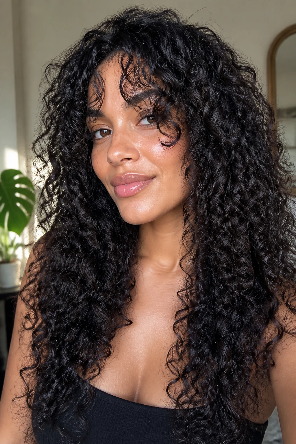 Close-up of a real woman with airy, stretched curls and airy front bangs