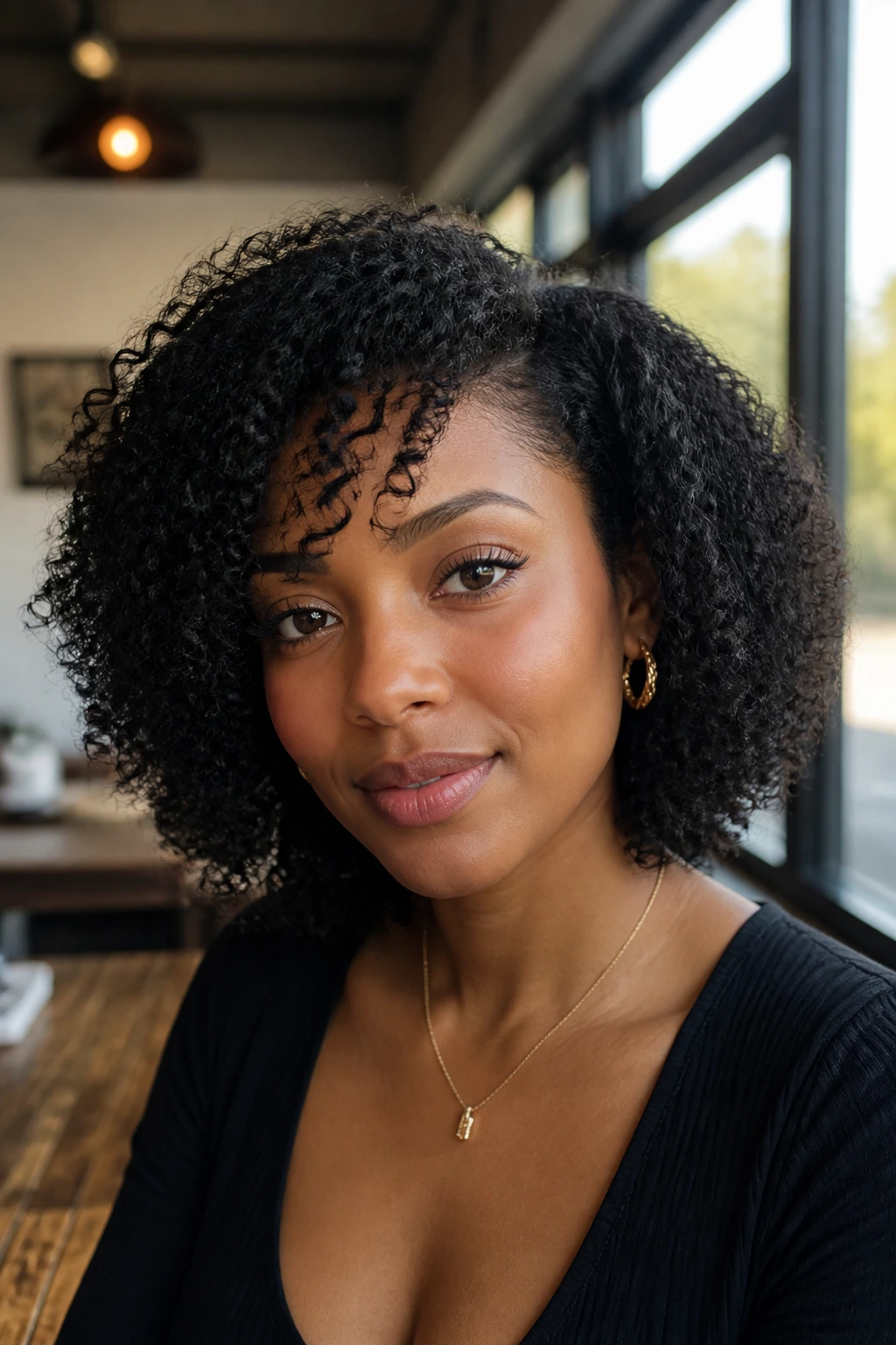 Real woman with wash-and-go bob and defined curls
