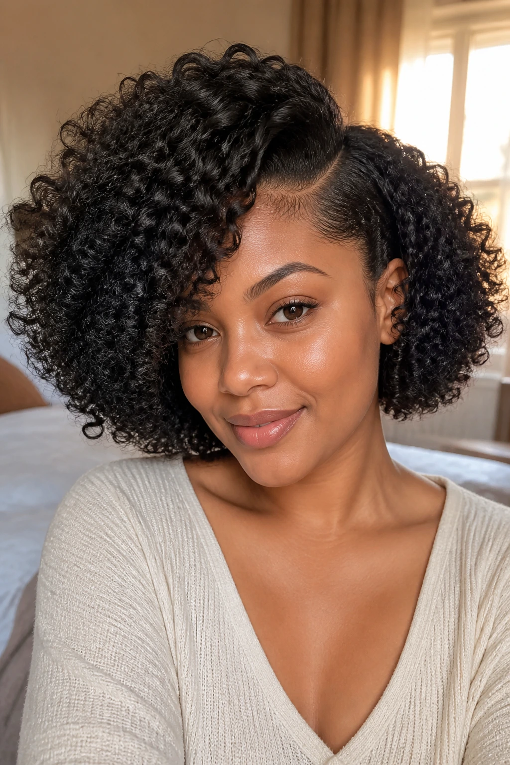 Close-up of a woman with a fluffy wash-and-go bob and deep side part in warm bedroom light