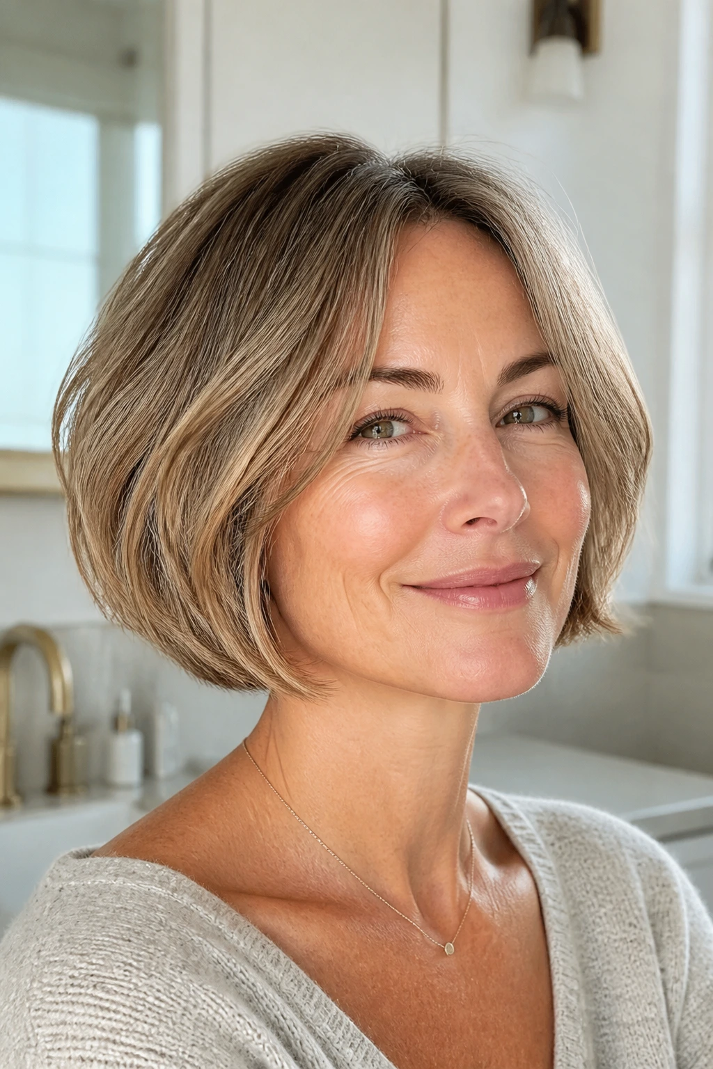 Real woman with a wash-and-go round bob in natural light