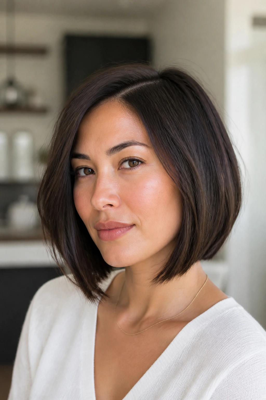 Close-up portrait of a real woman with a wash-and-go A-line bob in a bright home interior