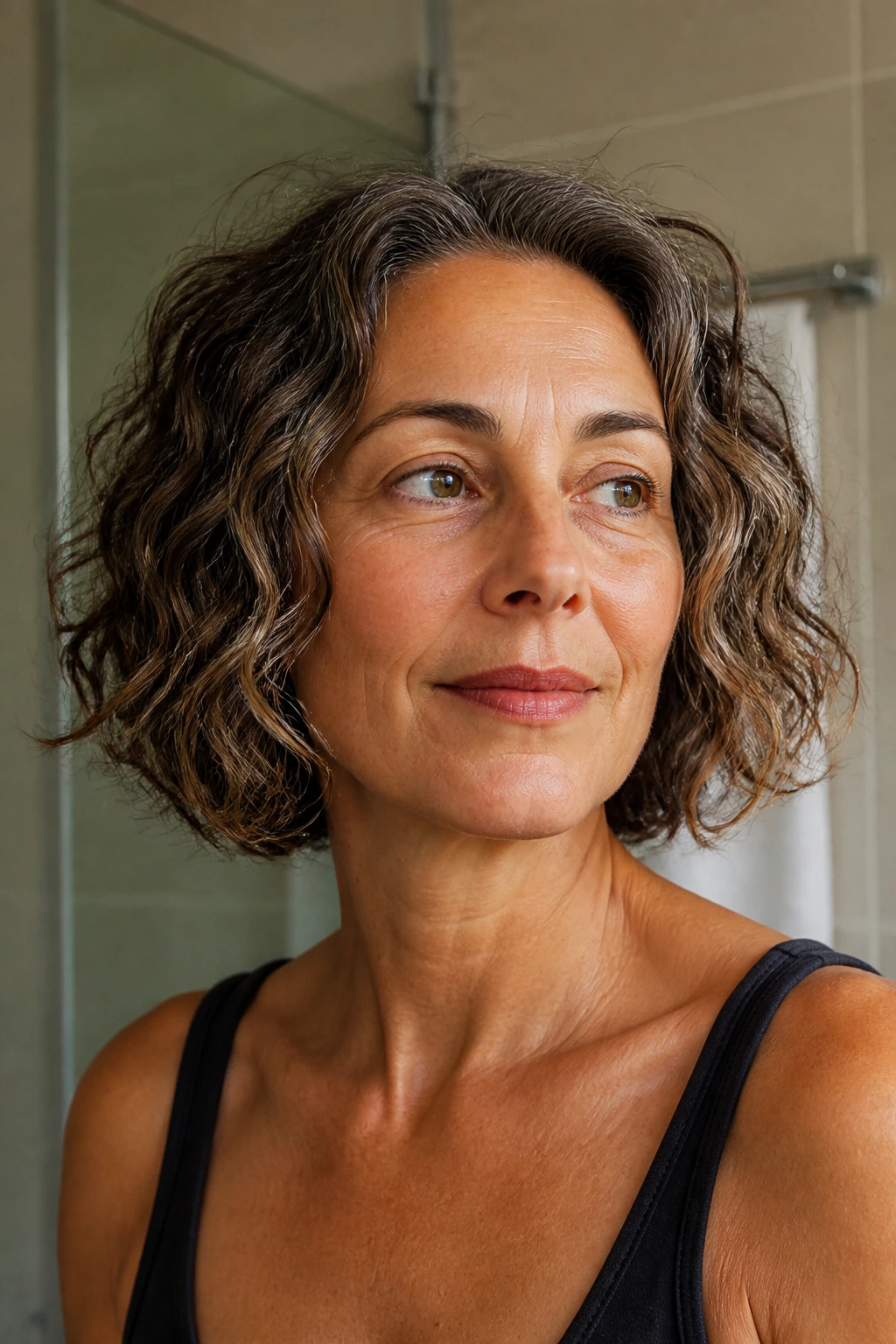 Close-up of a real woman with a wash-and-go bob under warm bathroom light