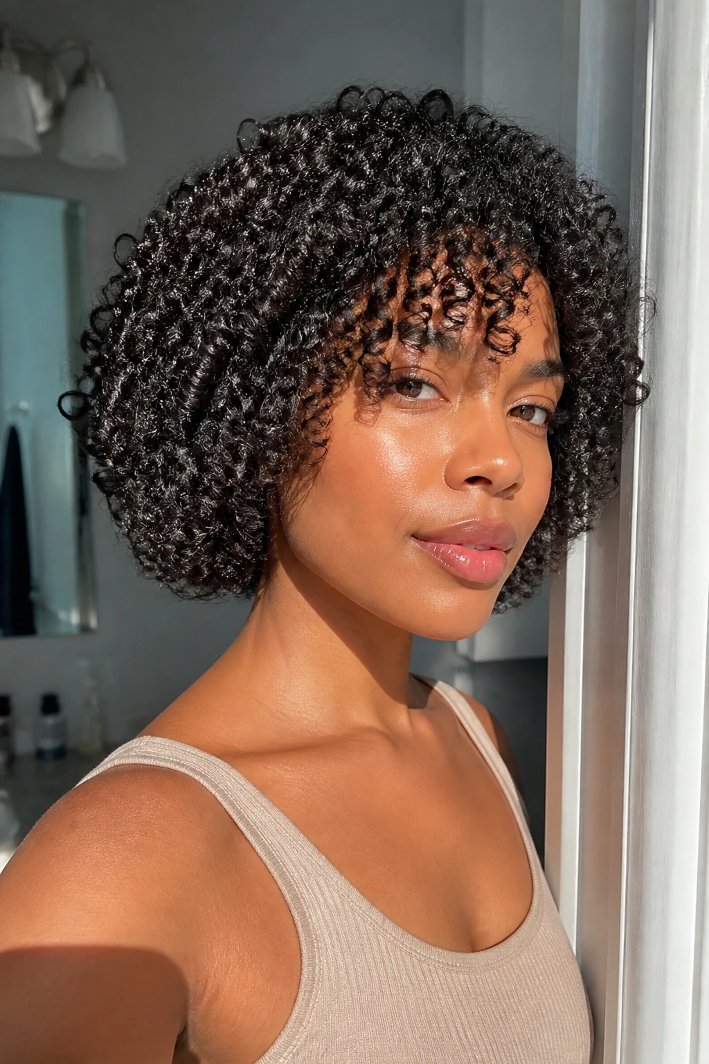 Close-up of a real woman with tight coils in a wash-and-go bob under natural light