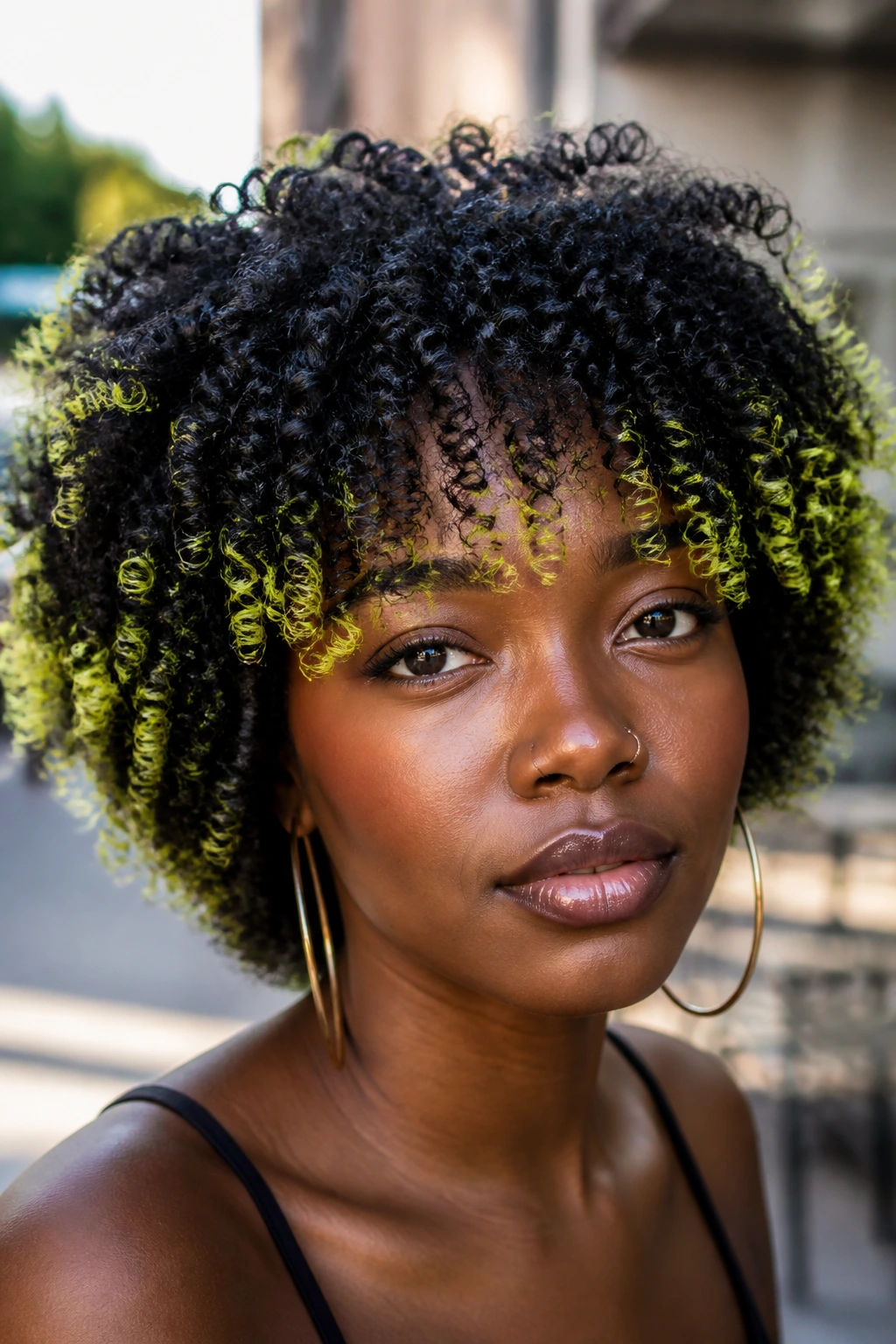 Woman with lime-tipped wash-and-go coils in bright outdoor setting