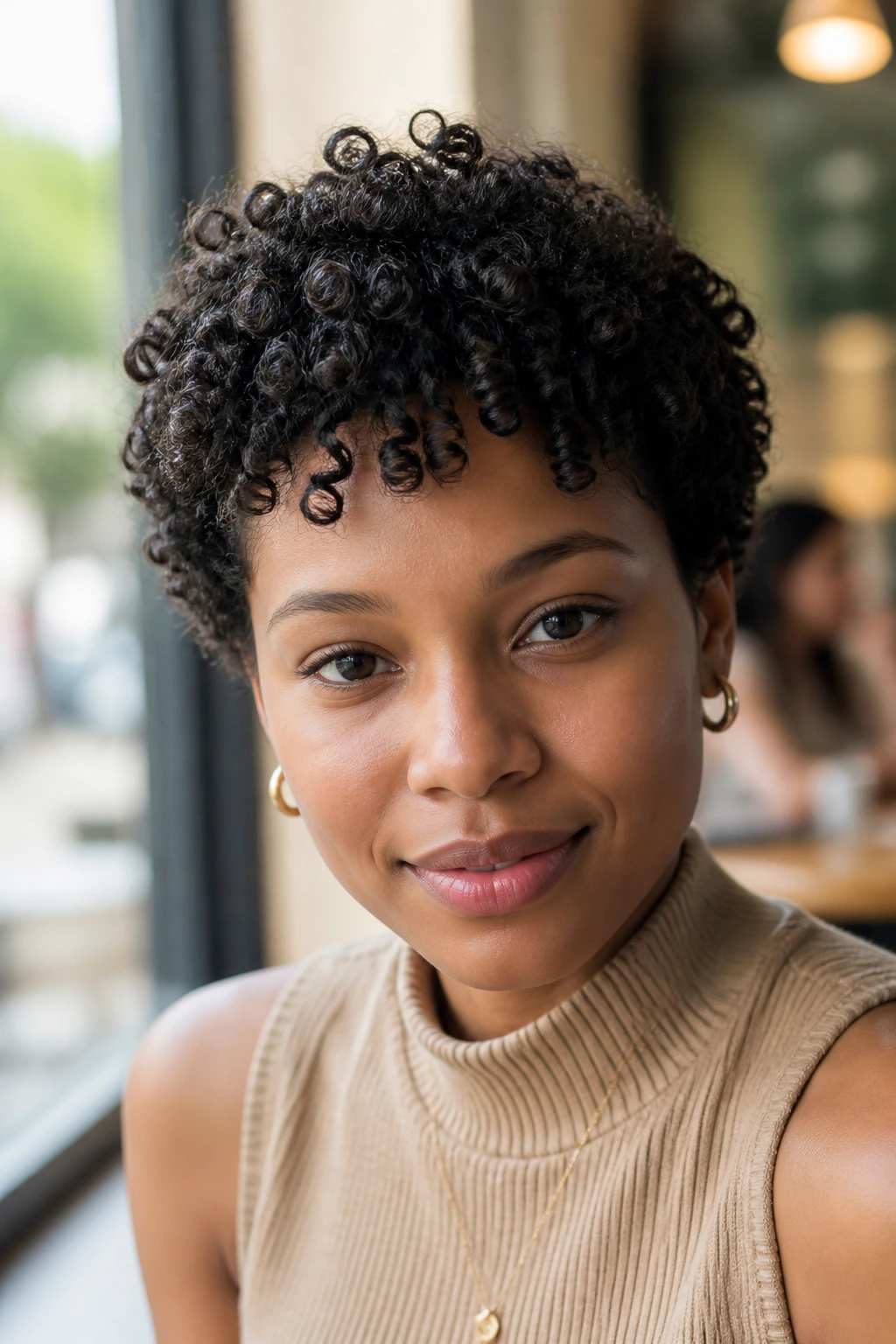 Close-up portrait of a real woman with a wash-and-go crop curls.