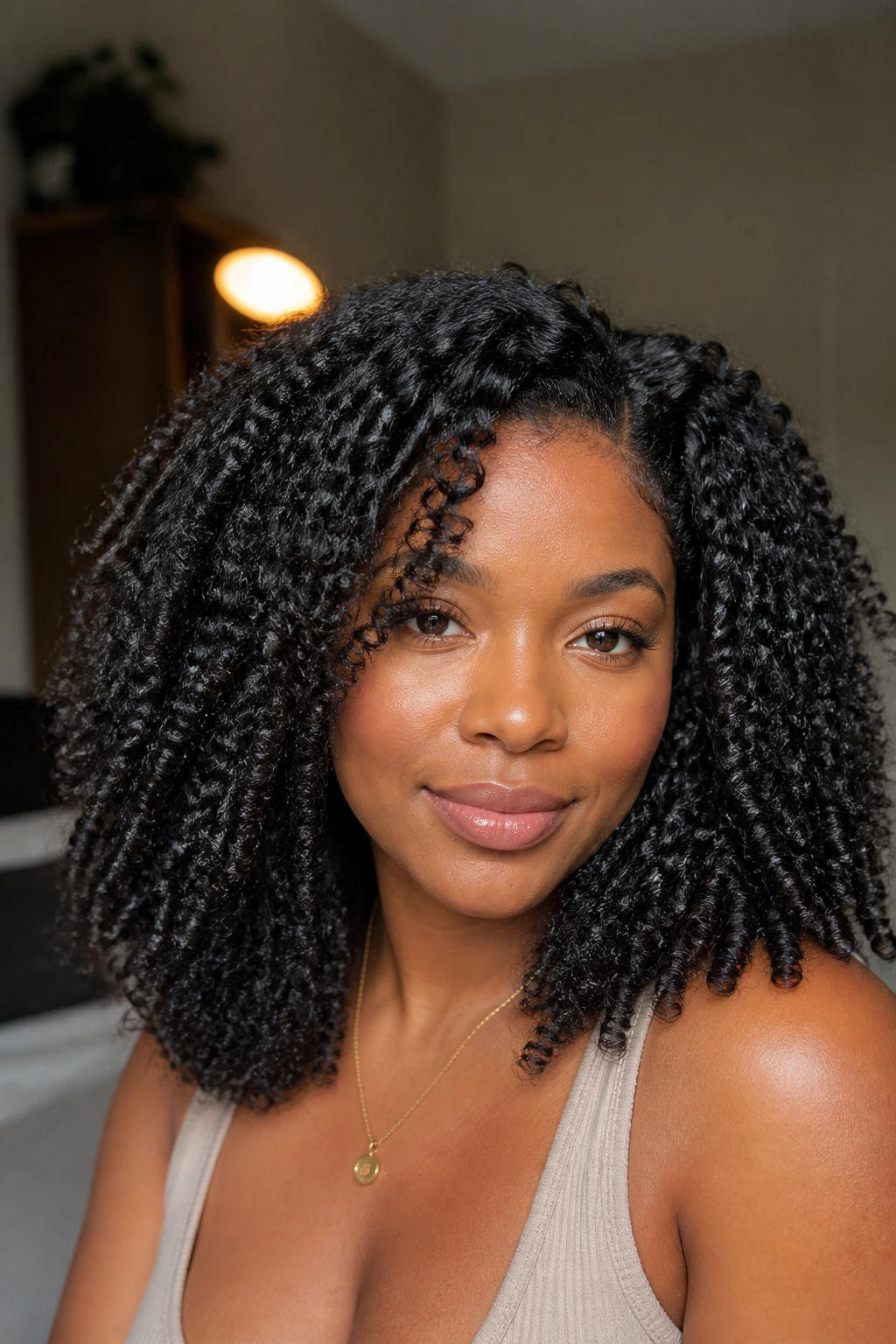 Close-up of a Black woman with a stretched wash-and-go hairstyle
