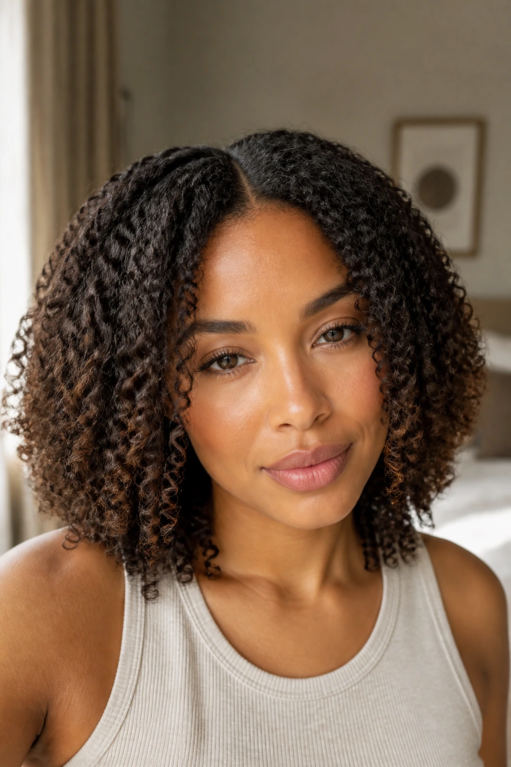 Close-up portrait of a real woman with a defined wash-and-go center-part hairstyle.