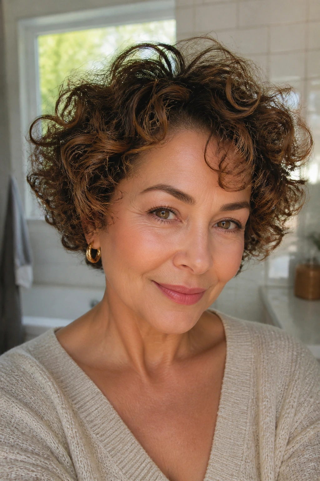 Close-up of a real 50+ woman with tousled wash-and-go curls in natural light