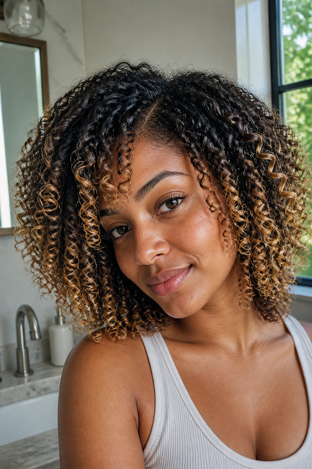 Close-up of a woman with wash-and-go curls and golden ends in natural window light