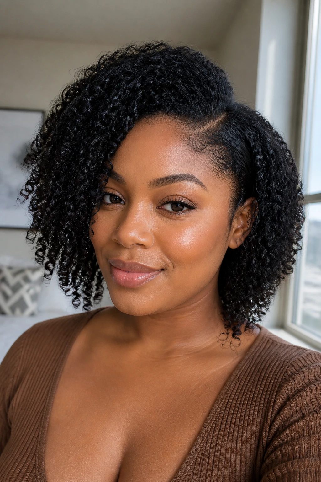 Close-up of a real person with a deep side-part and lifted crown in a wash-and-go hairstyle.