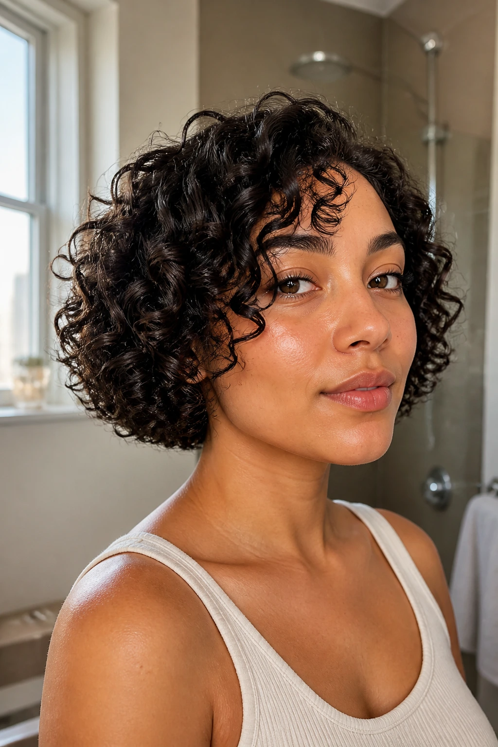 Close-up of a real person with soft-motion wash-and-go curls.