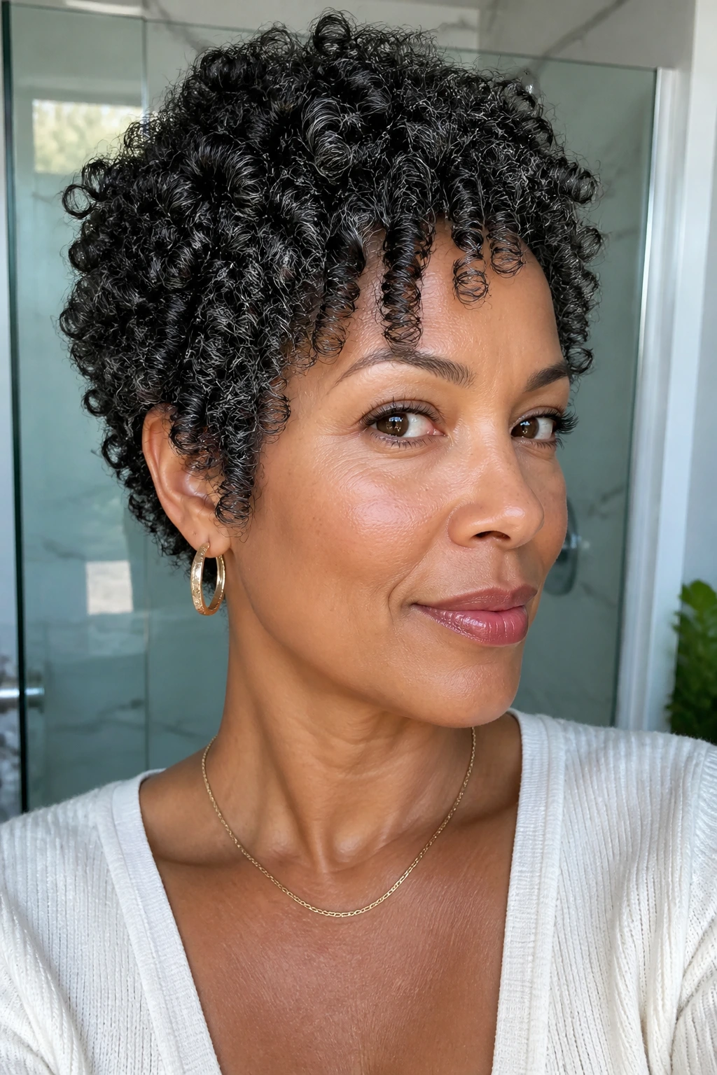 Close-up of a woman with a wash-and-go curly crop showing defined curls