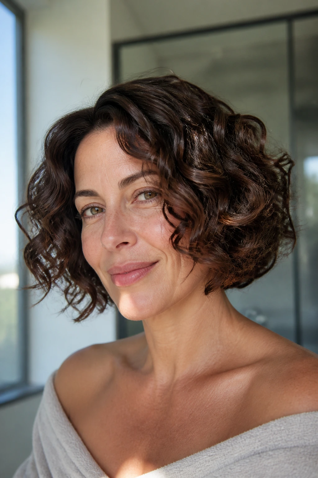 Close-up of a real woman with a wash-and-go curly bob and subtle brunette shine in bright light