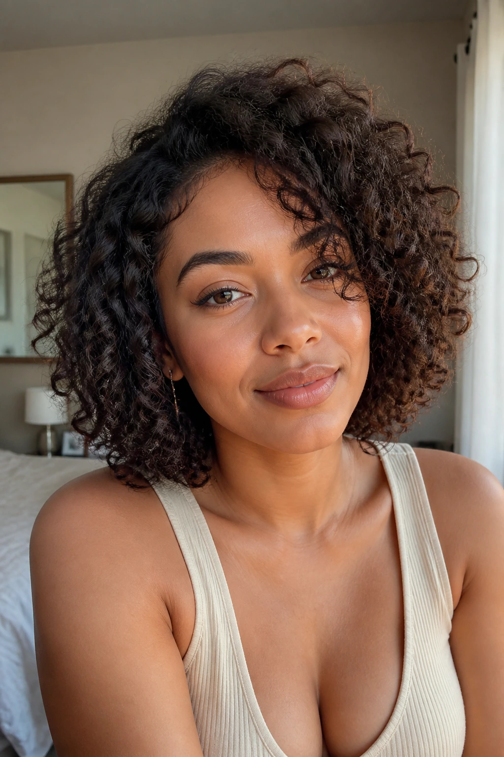 Close-up of a real woman with a low-maintenance wash-and-go curly lob