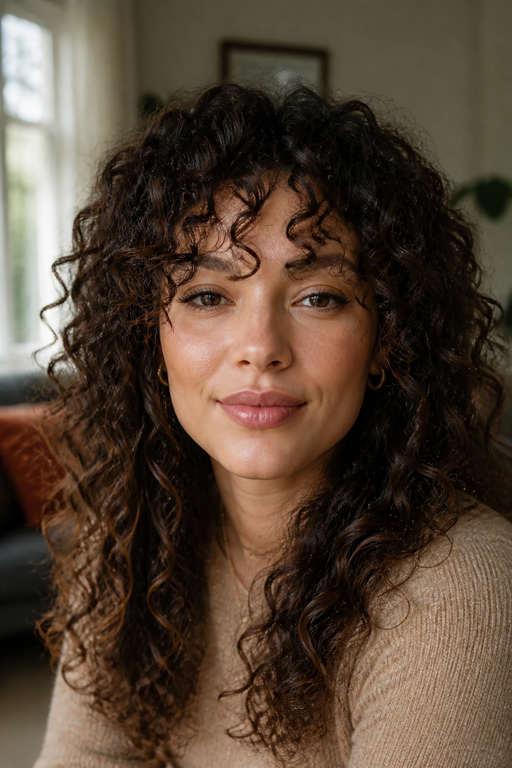 Close-up of a real woman with wash-and-go fringe and internal layers in natural window light