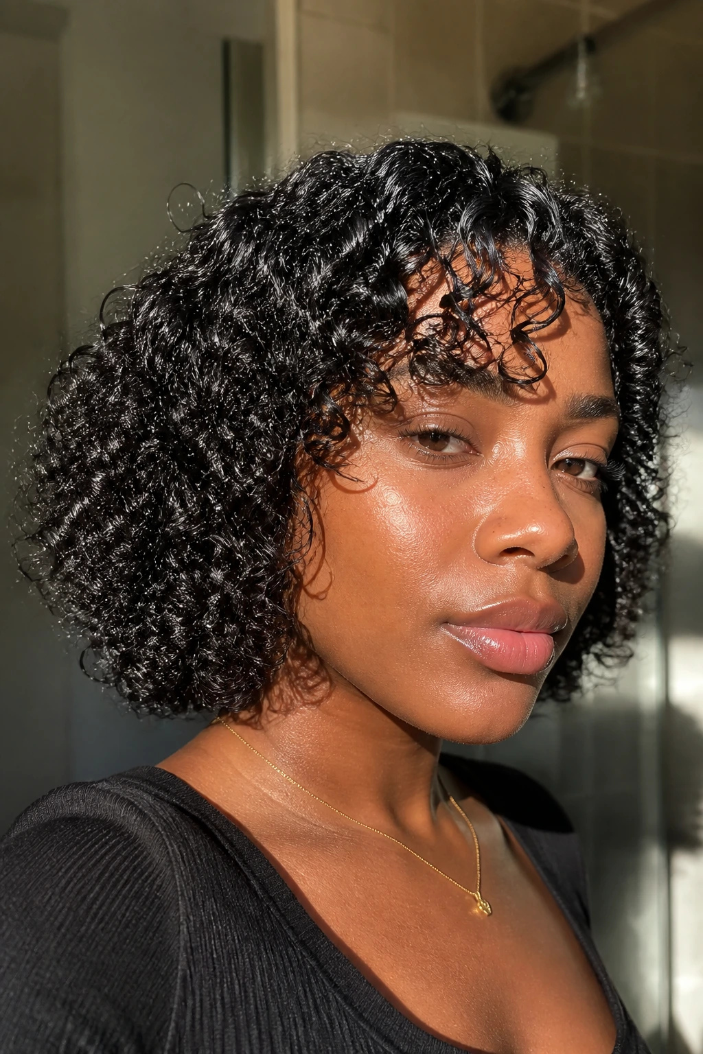 Real Black woman with wash-and-go gel-cast bob in warm bathroom light