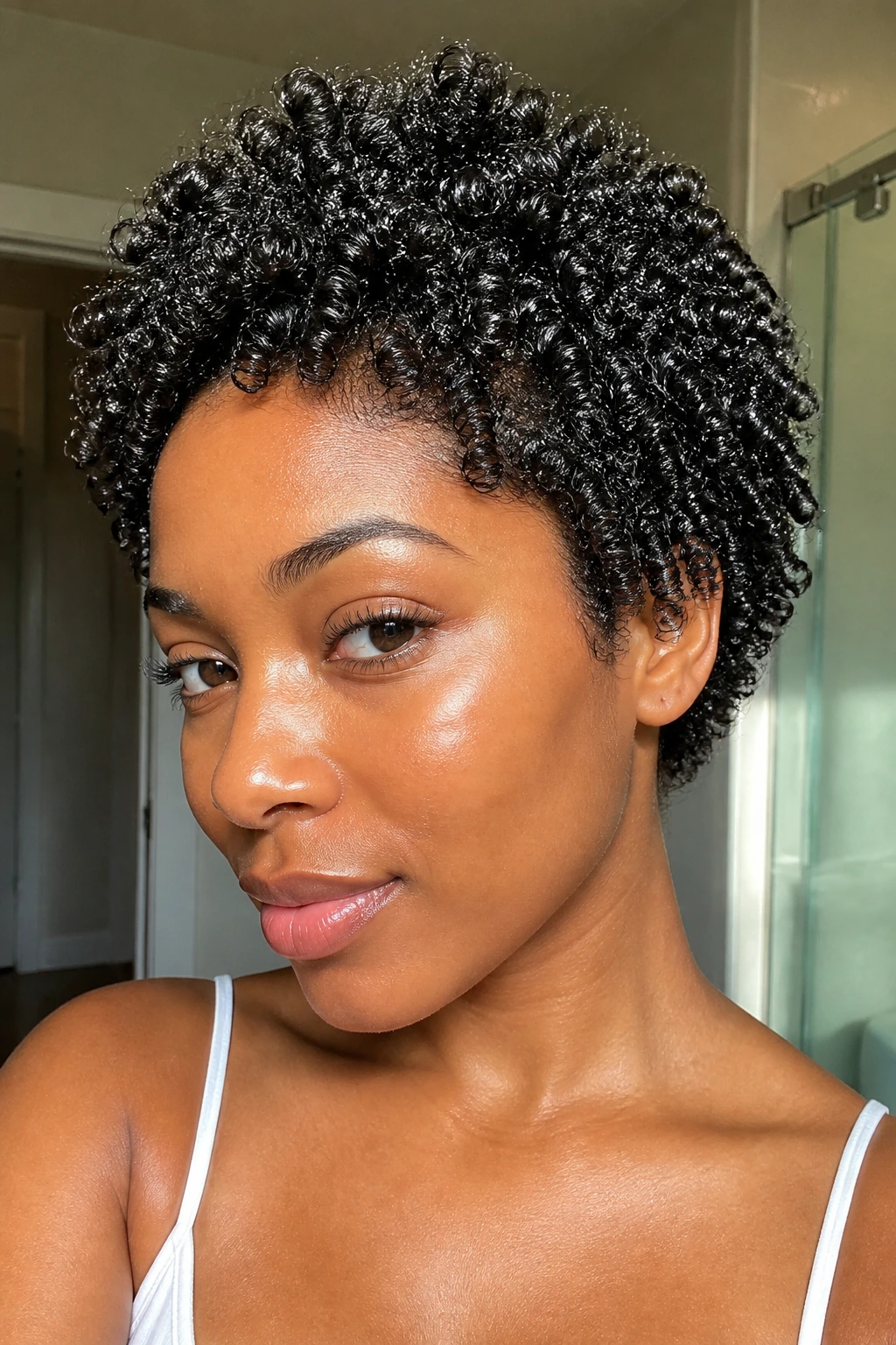 Close-up of a Black woman with a thick wash-and-go crop and defined gel cast curls in warm bathroom light