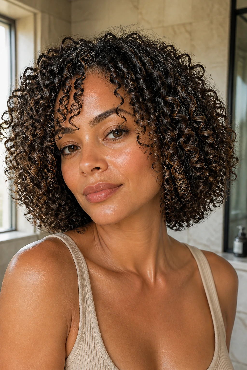 Close-up portrait of a real woman with Sculpted Wash-and-Go gel-cast curls.