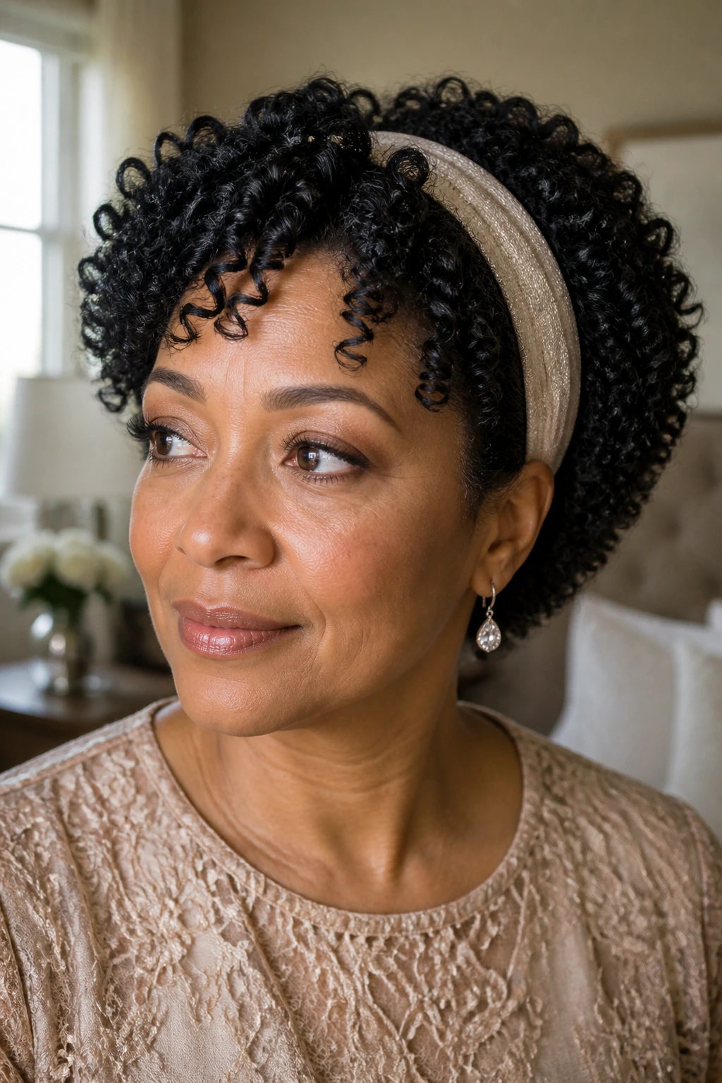 Close-up of a real woman with defined curls and a headband in a bedroom