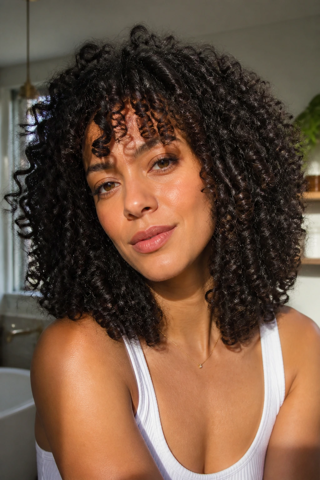 Close-up of a real woman with curly hair and heavy perimeter