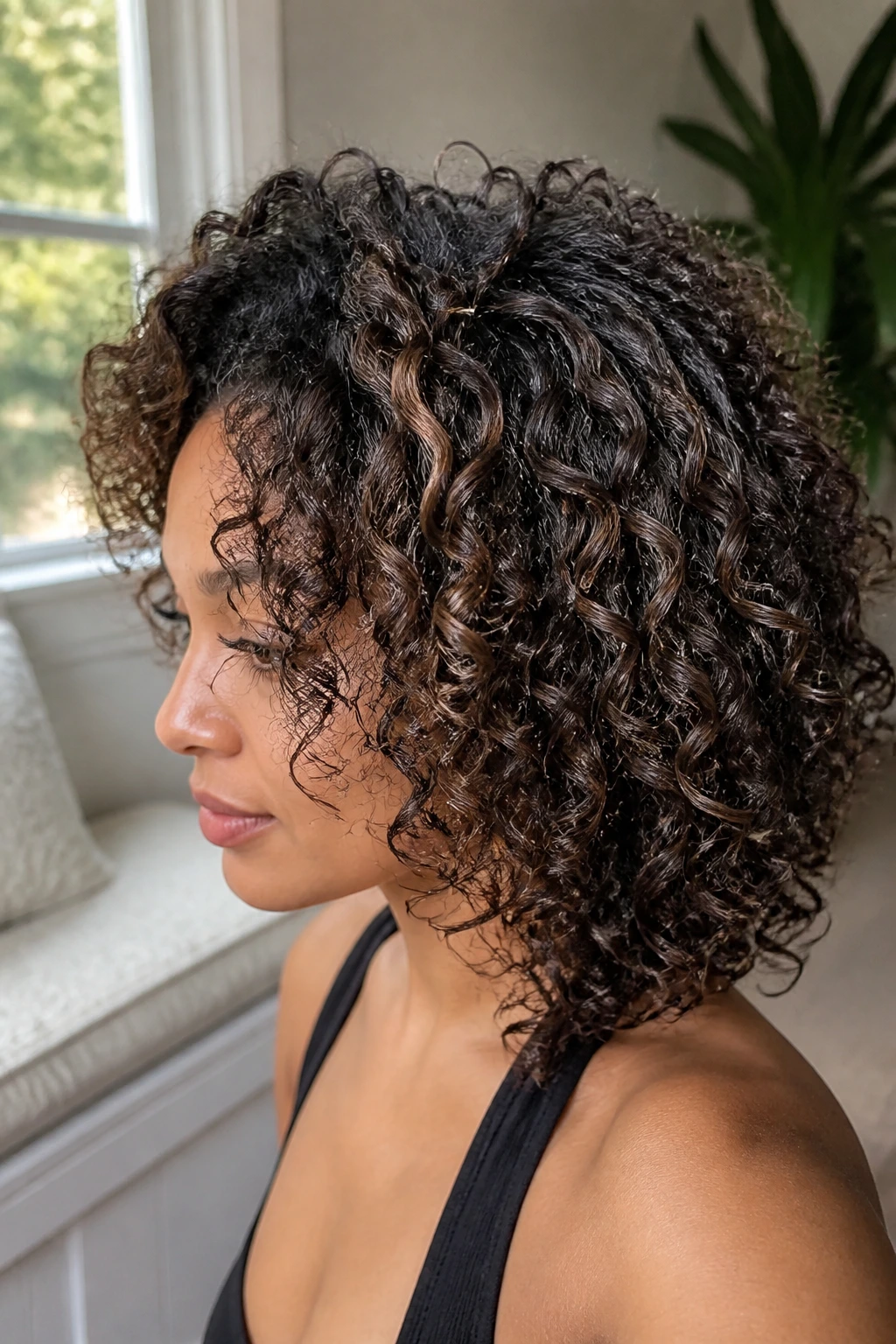 Close-up of wash-and-go curls with invisible lowlights in interior light