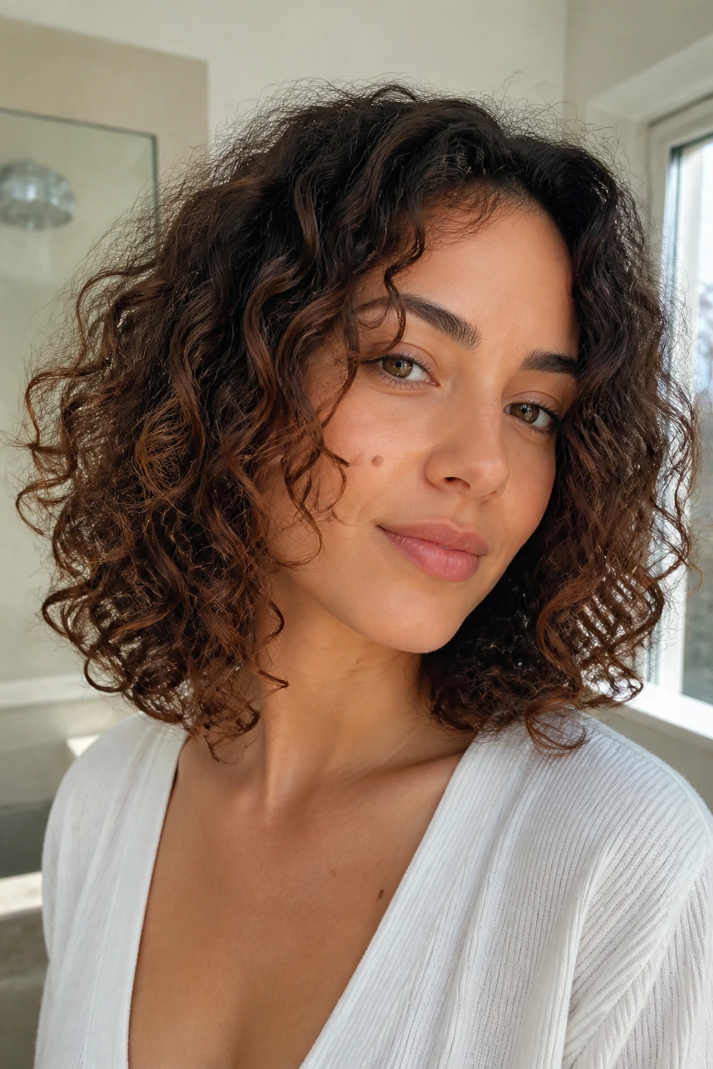 Close-up of a real woman with wash-and-go lob and curl-following layers in natural light.