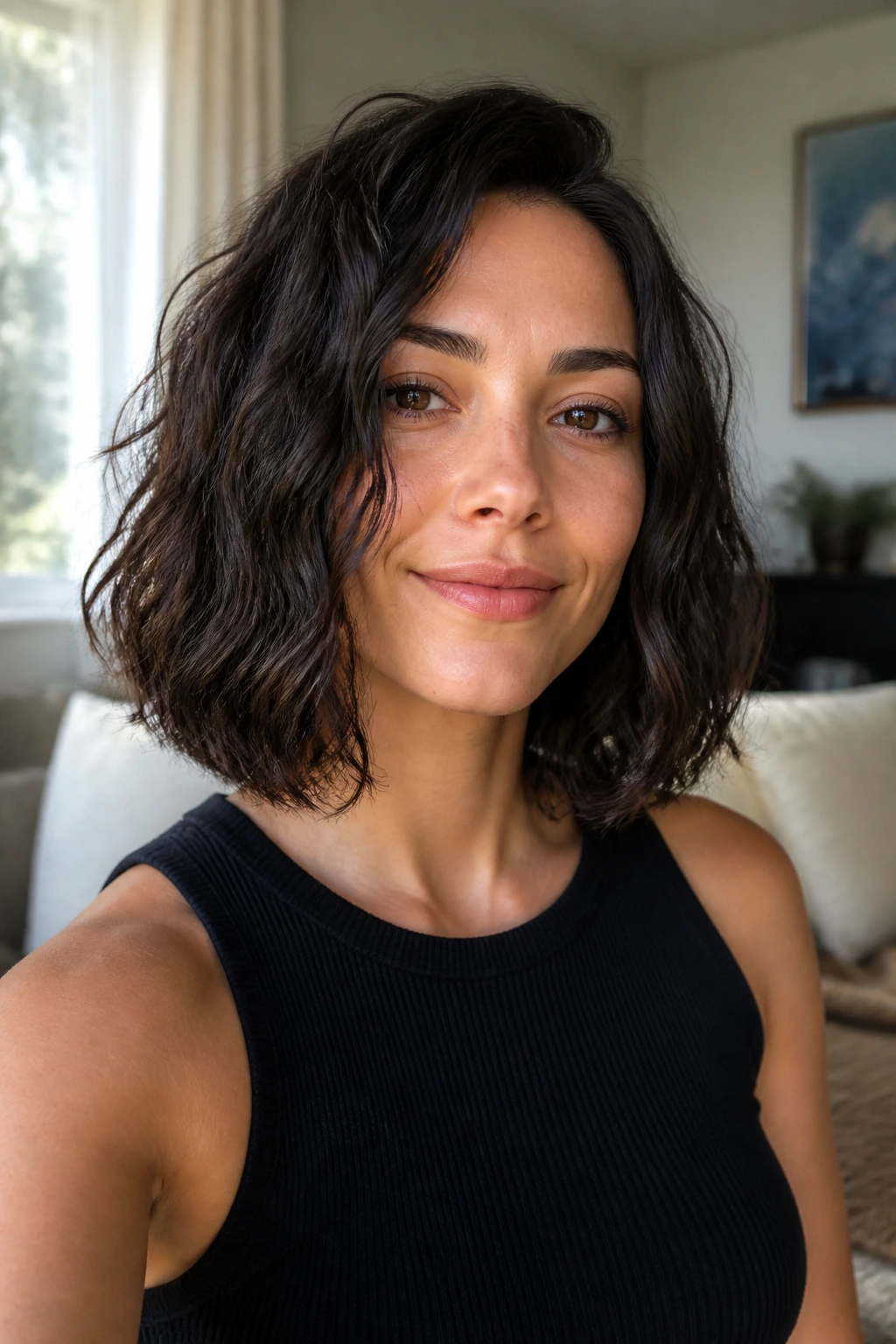 Real woman with minimal-layer lob and natural waves in a sunlit room.