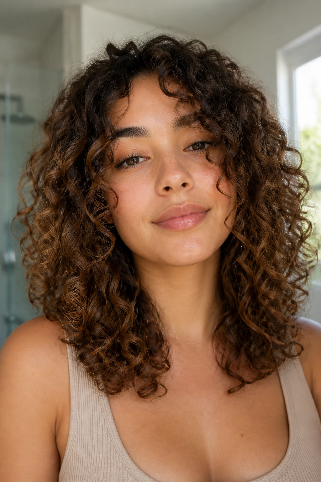 Close-up of a real person with wash-and-go midi curls and internal layers