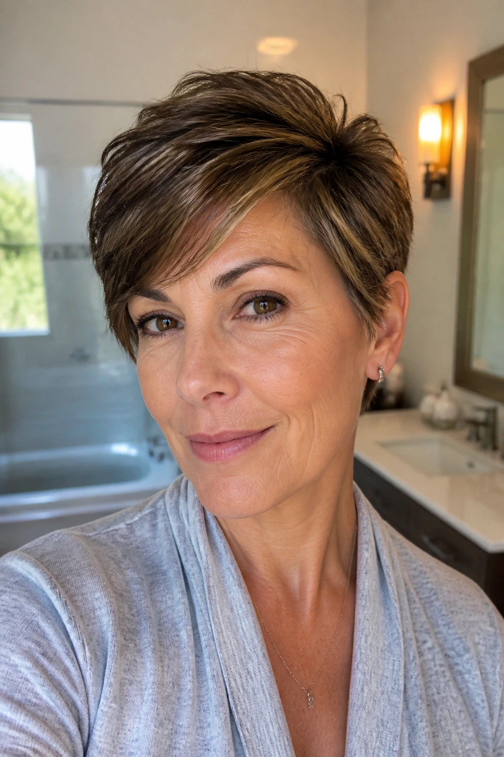 Close-up of a real woman with a low-maintenance wash-and-go pixie