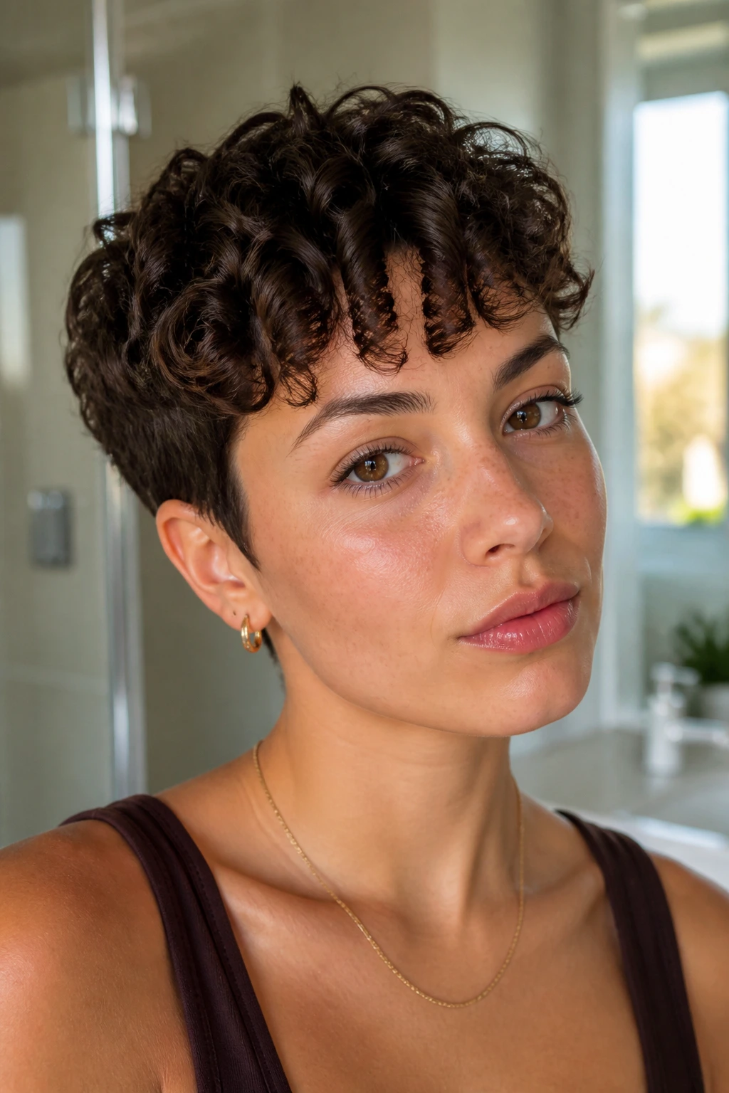 Close-up of a real person with a low-maintenance wash-and-go curly pixie in a bright bathroom