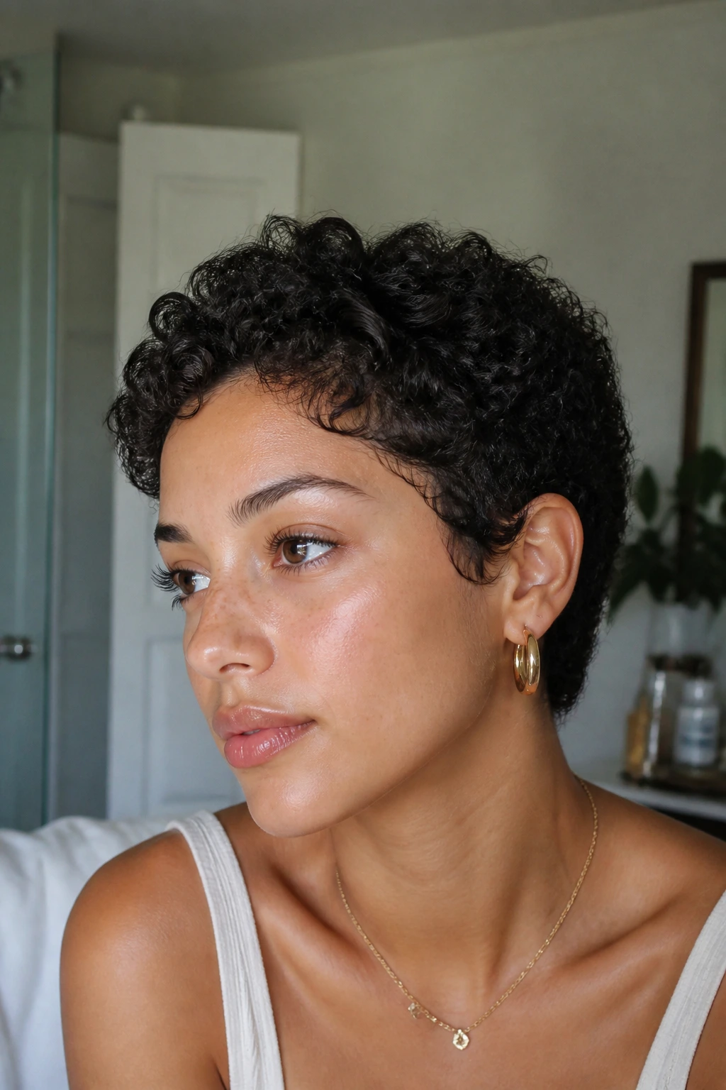 Close-up of a real woman with wash-and-go soft-edge pixie.